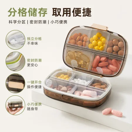 The transparent compartmented medicine box features multi-color tablets and a white and green double-lid box of the same style The transparent compartmented medicine box features multi-color tablets and a white and green double-lid box of the same style